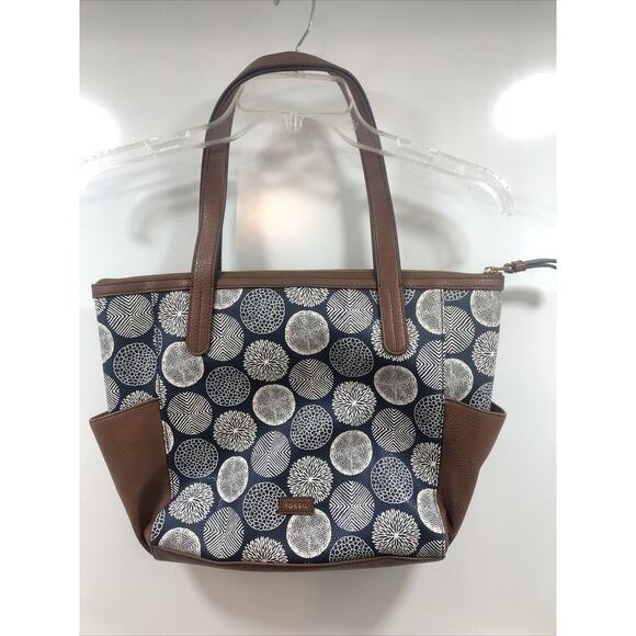 Fossil Blue White Pebbled Leather‎ Large Shopper Tote Shoulder Bag Purse Handbag - Picture 1 of 7